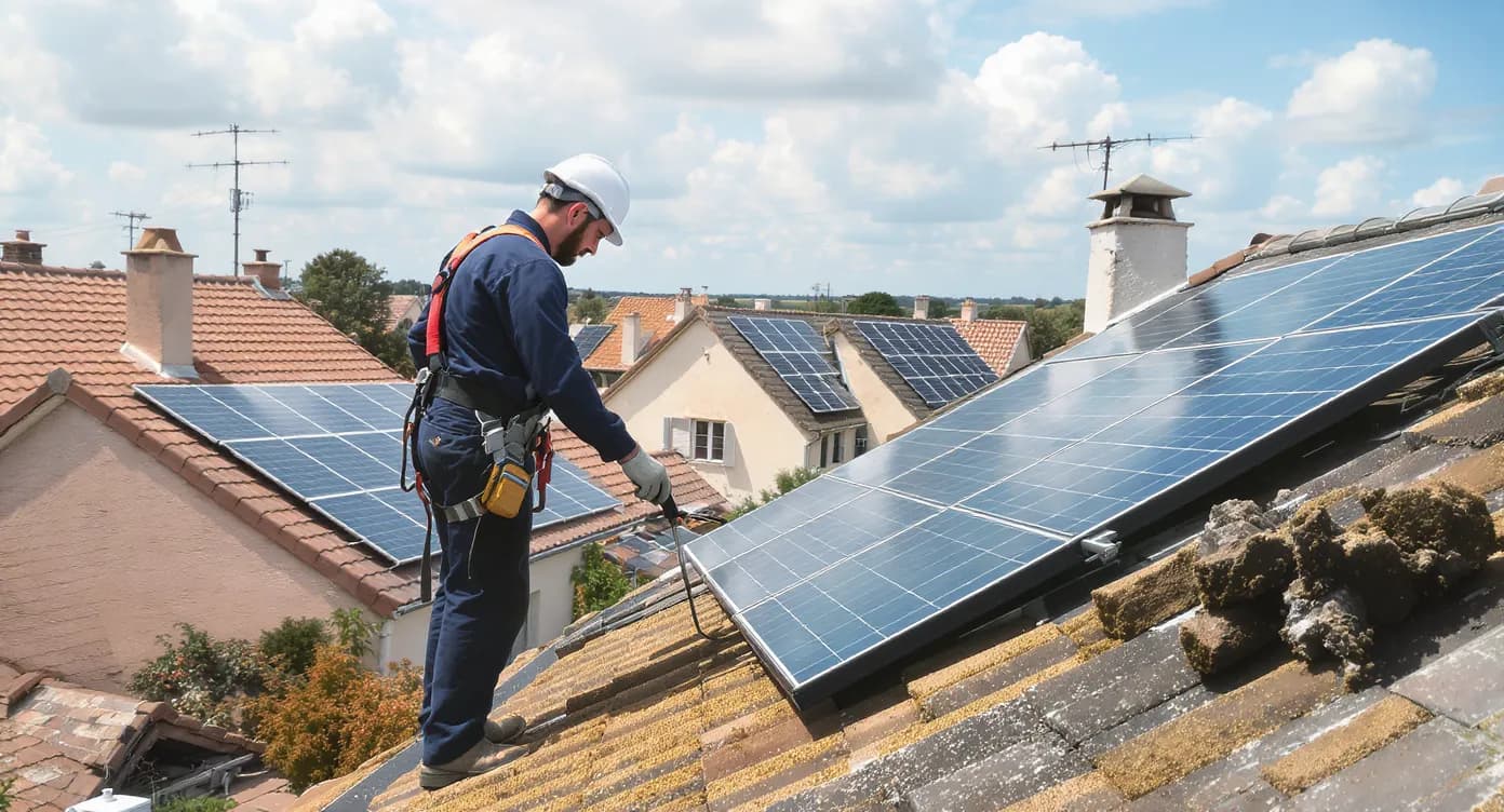 Technicien posant des panneaux solaires sur une toiture tuile, avec vue panoramique sur un village français et un ciel d'été lumineux