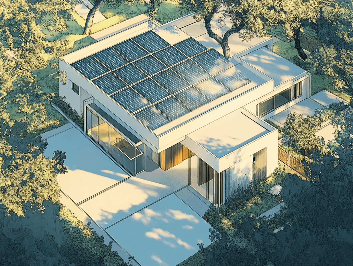 Installation solaire sur toit plat avec disposition optimisée des panneaux photovoltaïques pour minimiser l'impact de l'ombrage des arbres environnants