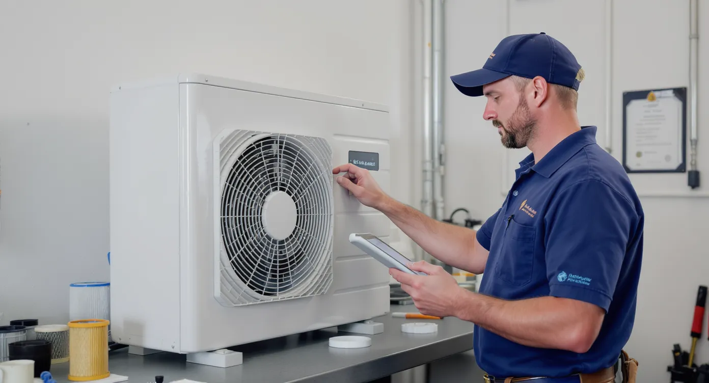 Technicien vérifiant la pression d'une pompe à chaleur domestique, carnet d'entretien à la main, dans un local technique lumineux