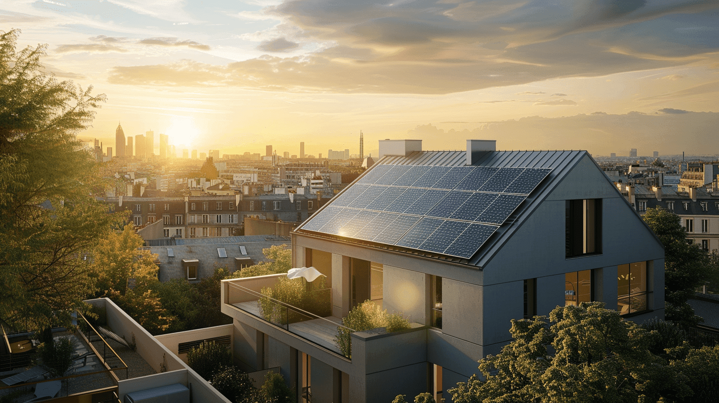 Toiture d’une maison moderne en France équipée de panneaux solaires, baignée par une douce lumière de fin de journée, illustrant l’utilisation d’un logiciel photovoltaïque pour optimiser le dimensionnement et la rentabilité de l’installation.