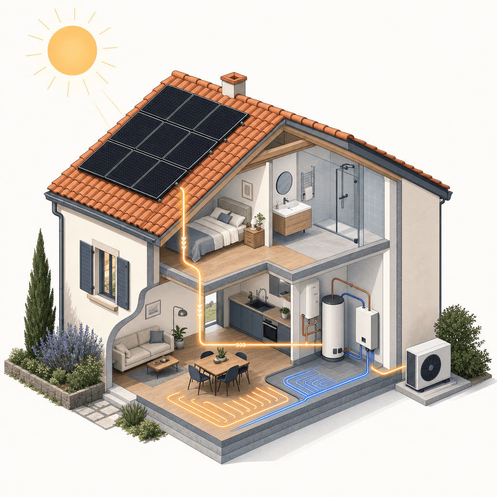 Synergie photovoltaïque et pompe à chaleur : les panneaux produisent l'électricité, consommée sur place pour alimenter la pompe à chaleur, ce qui augmente l'autoconsommation au lieu d'exporter le surplus.