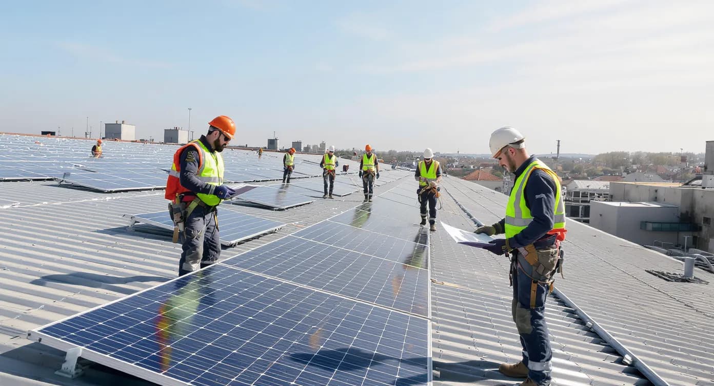 Technicien professionnel installant des panneaux solaires sur une toiture avec équipement de sécurité