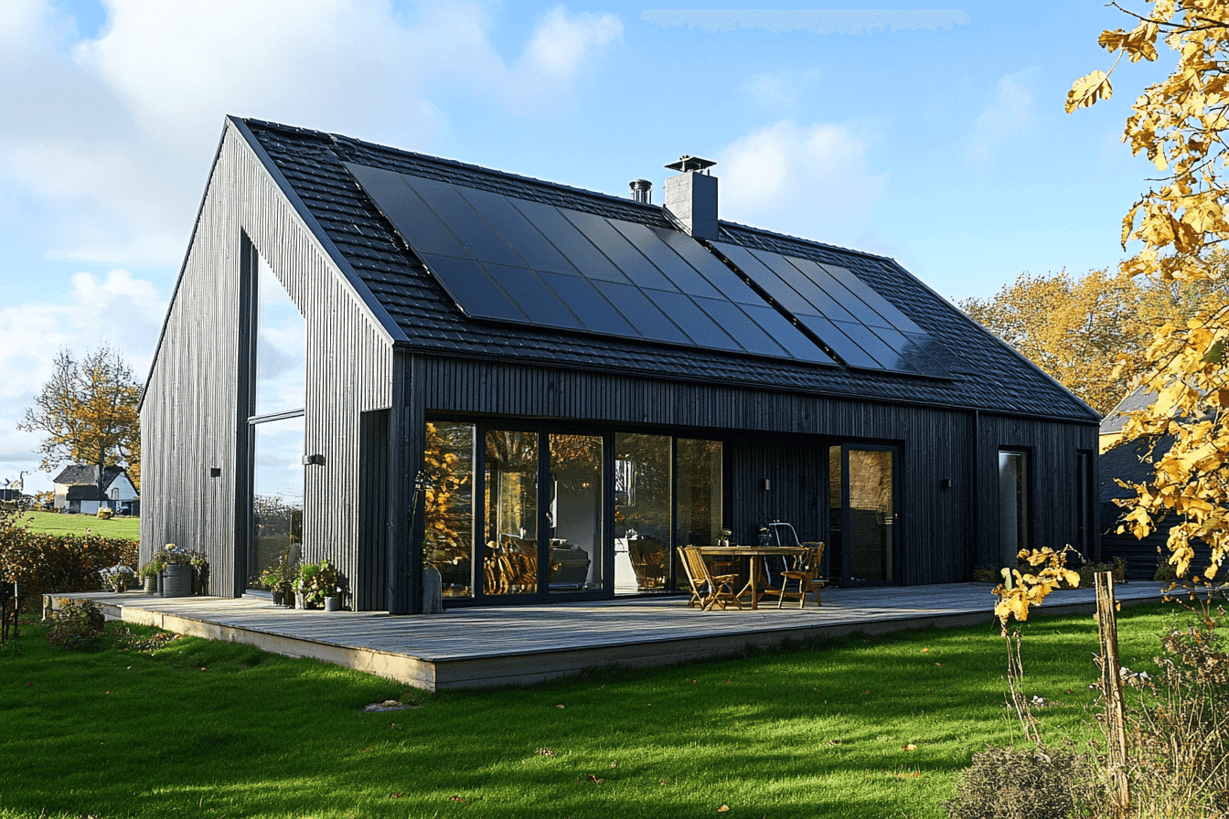 Résultat d'une étude sur logiciel photovoltaïque : maison moderne avec panneaux solaires parfaitement intégrés à l'architecture