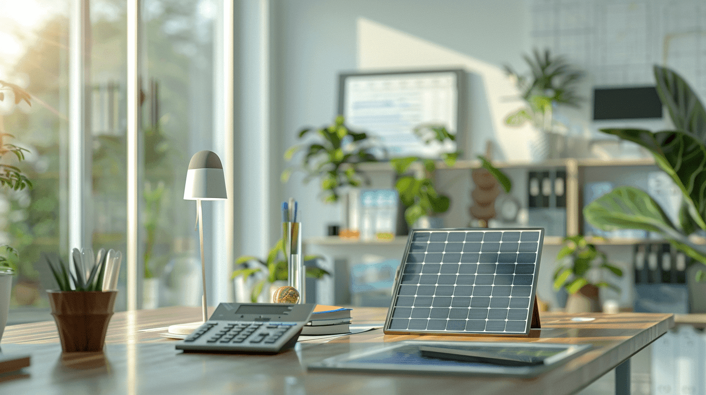 Espace de travail avec calculatrice et panneau solaire, illustrant la comparaison des devis photovoltaïques