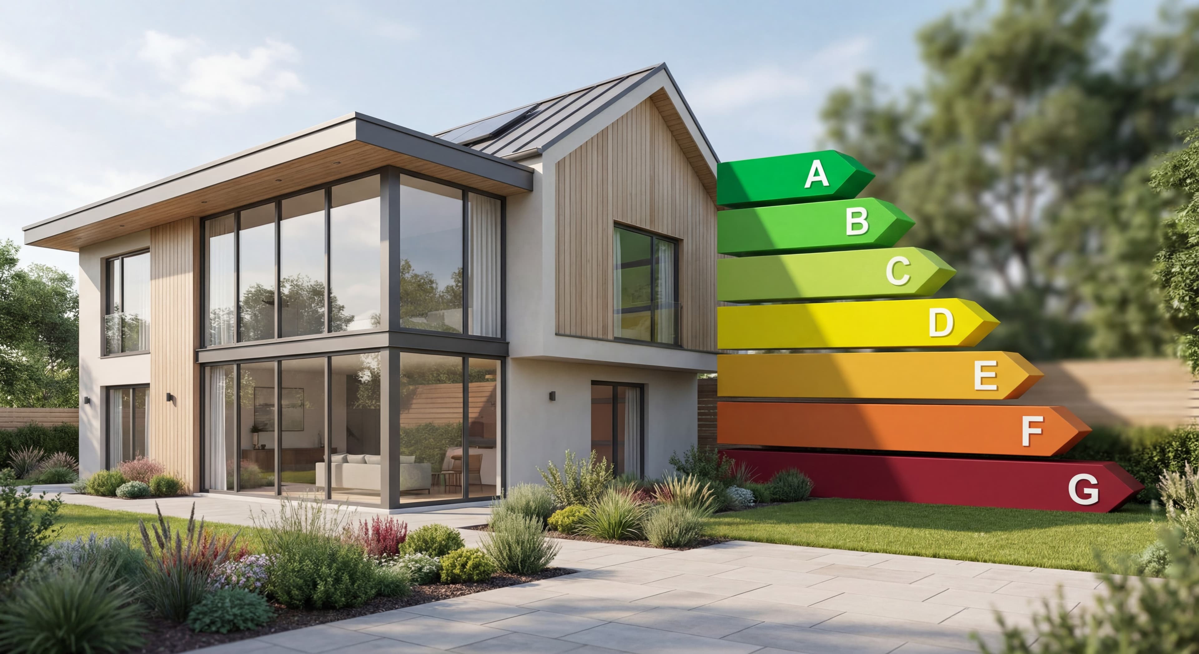 Maison en rénovation énergétique avec isolation et panneaux solaires, illustrant la transformation d'une passoire thermique