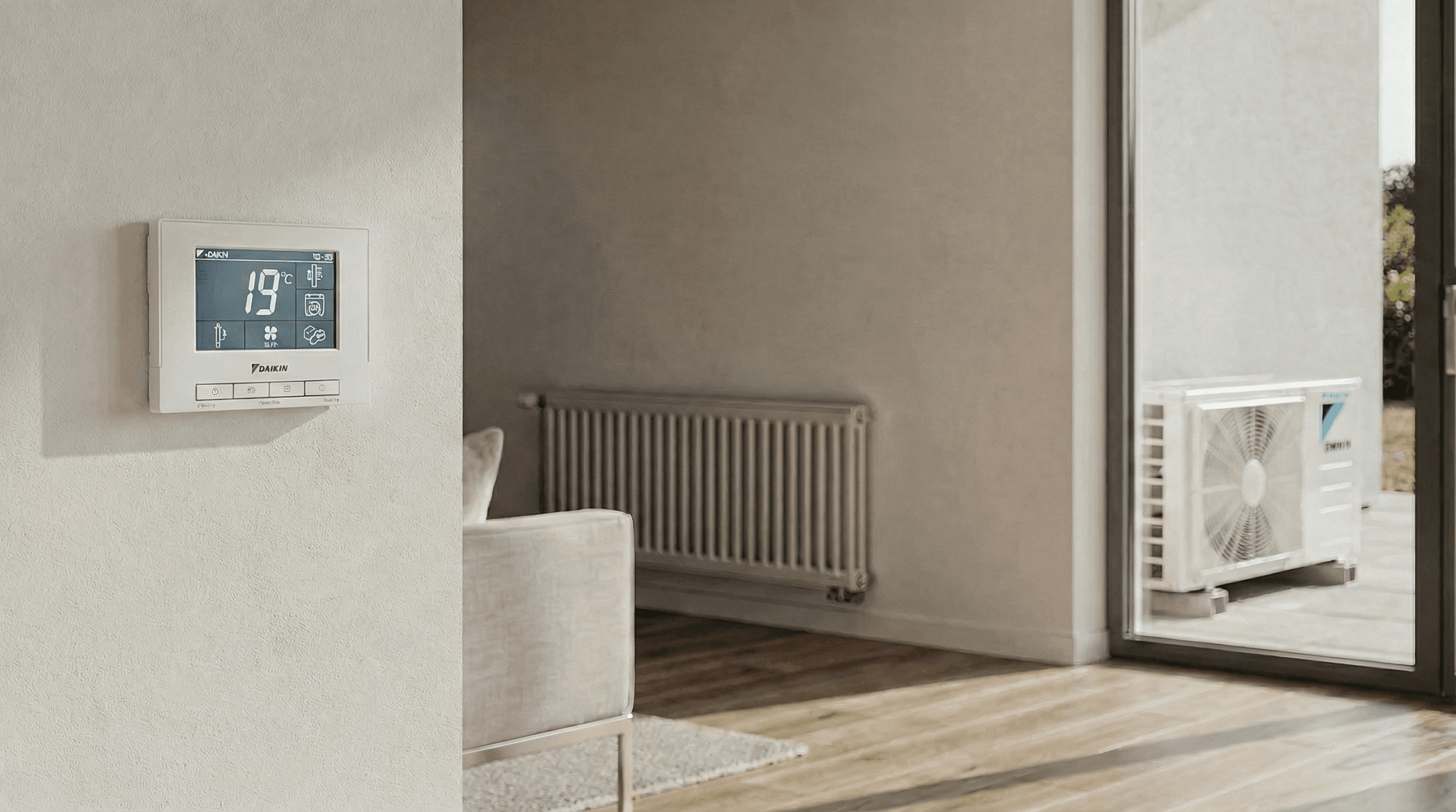 Thermostat mural Daikin avec affichage de température et courbe de chauffe pour pompe à chaleur air eau