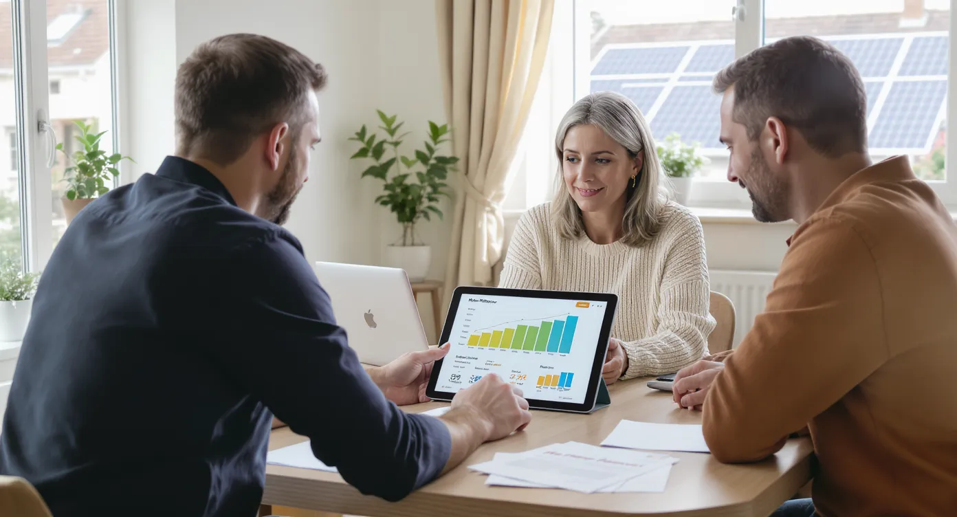 Commercial présentant les aides financières 2025 pour pompe à chaleur à un couple de clients dans leur salon avec documents et calculatrice