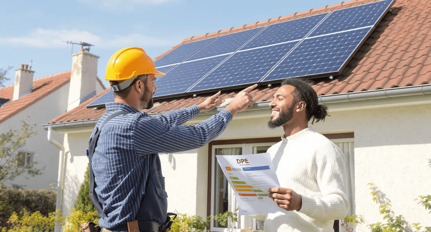 Technicien installe des panneaux solaires sur le toit d'une maison en tuile, tandis qu'un propriétaire examine un rapport DPE coloré indiquant la classe G à améliorer.