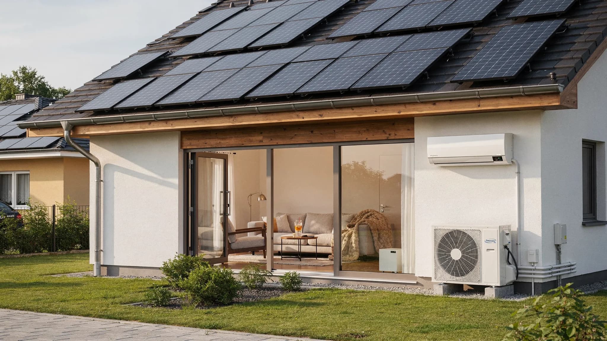 Illustration d'une maison équipée d'une pompe à chaleur réversible montrant les flux de chaleur en mode chauffage et rafraîchissement