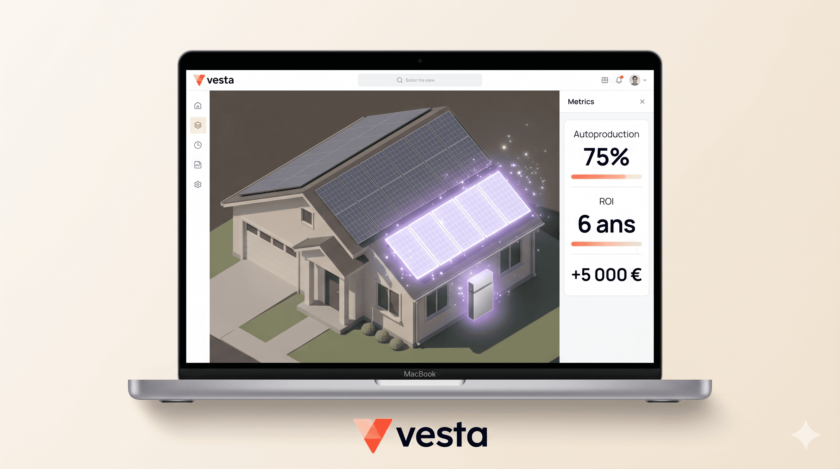 Vesta sur laptop : maison 3D avec panneaux existants modélisés et métriques d'autoproduction, ROI et économies