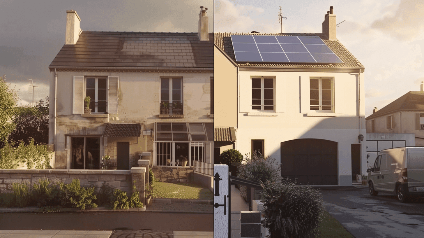 Comparaison maison avec et sans panneaux solaires, montrant l'intérêt d'une installation immédiate