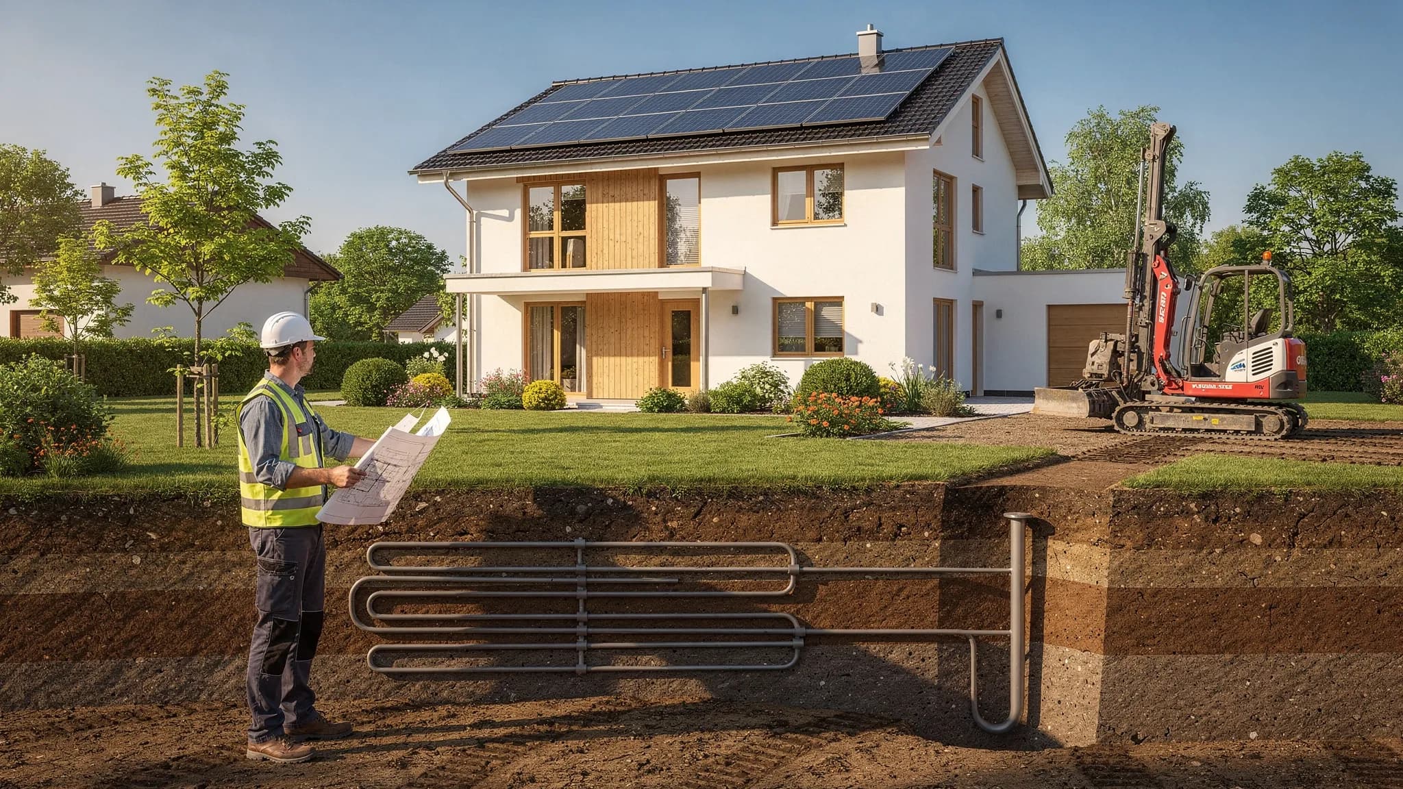 Coupe de terrain illustrant une maison équipée d'une pompe à chaleur géothermique avec capteurs enterrés et circuit de chauffage hydraulique