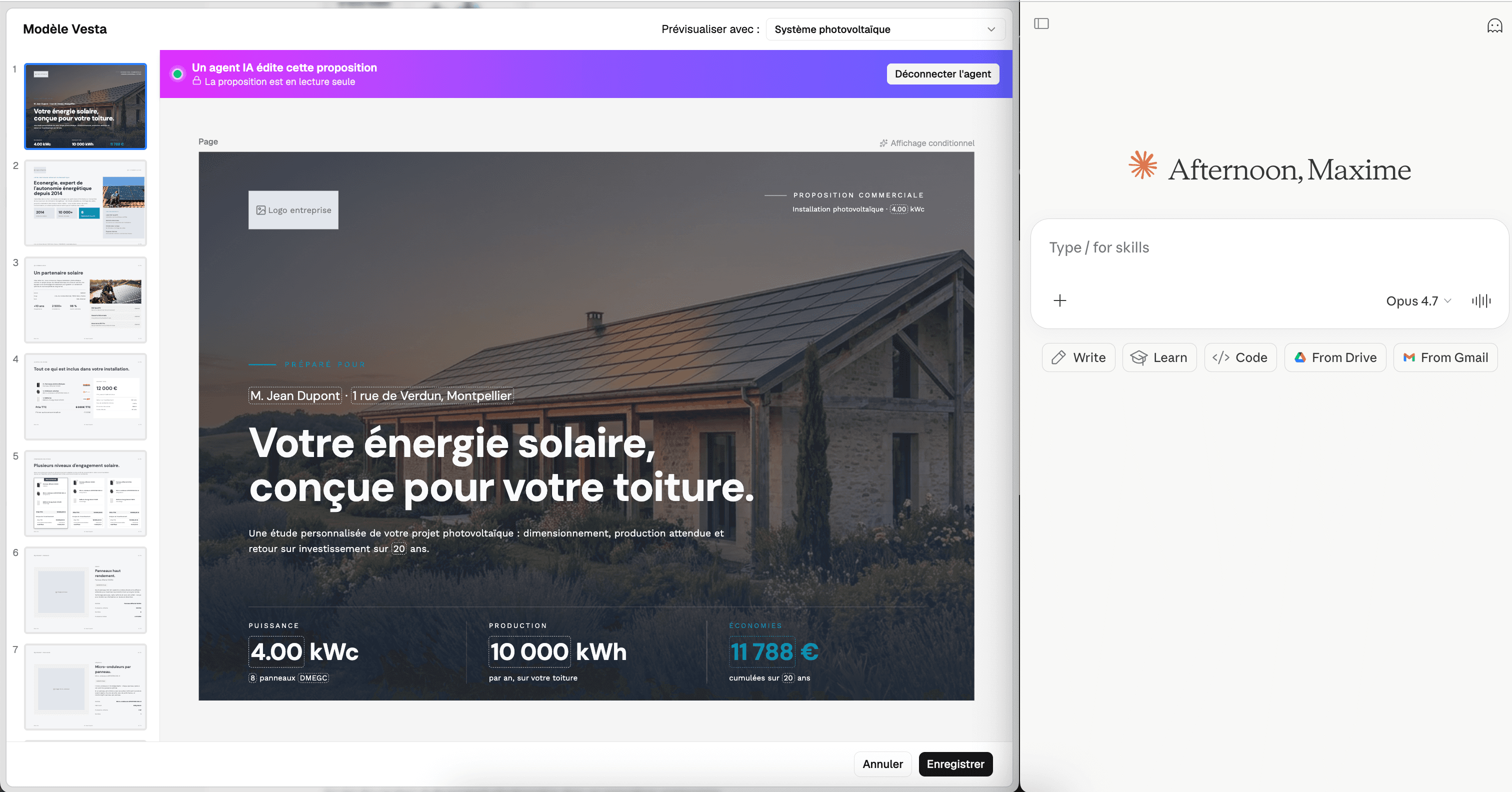 Éditeur de proposition Vesta connecté à un assistant IA