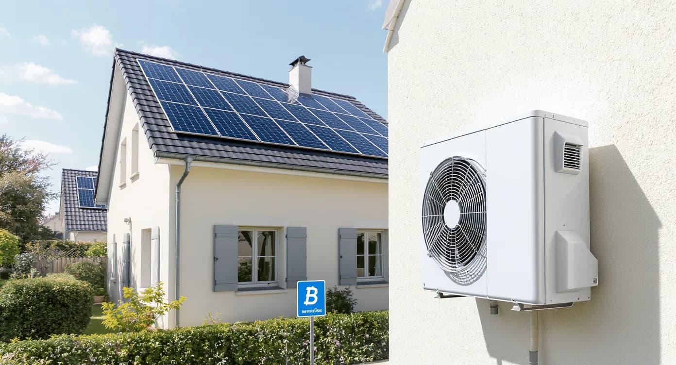 Maison moderne équipée d'une pompe à chaleur et de panneaux solaires, illustrant l'amélioration du DPE grâce aux solutions énergétiques performantes