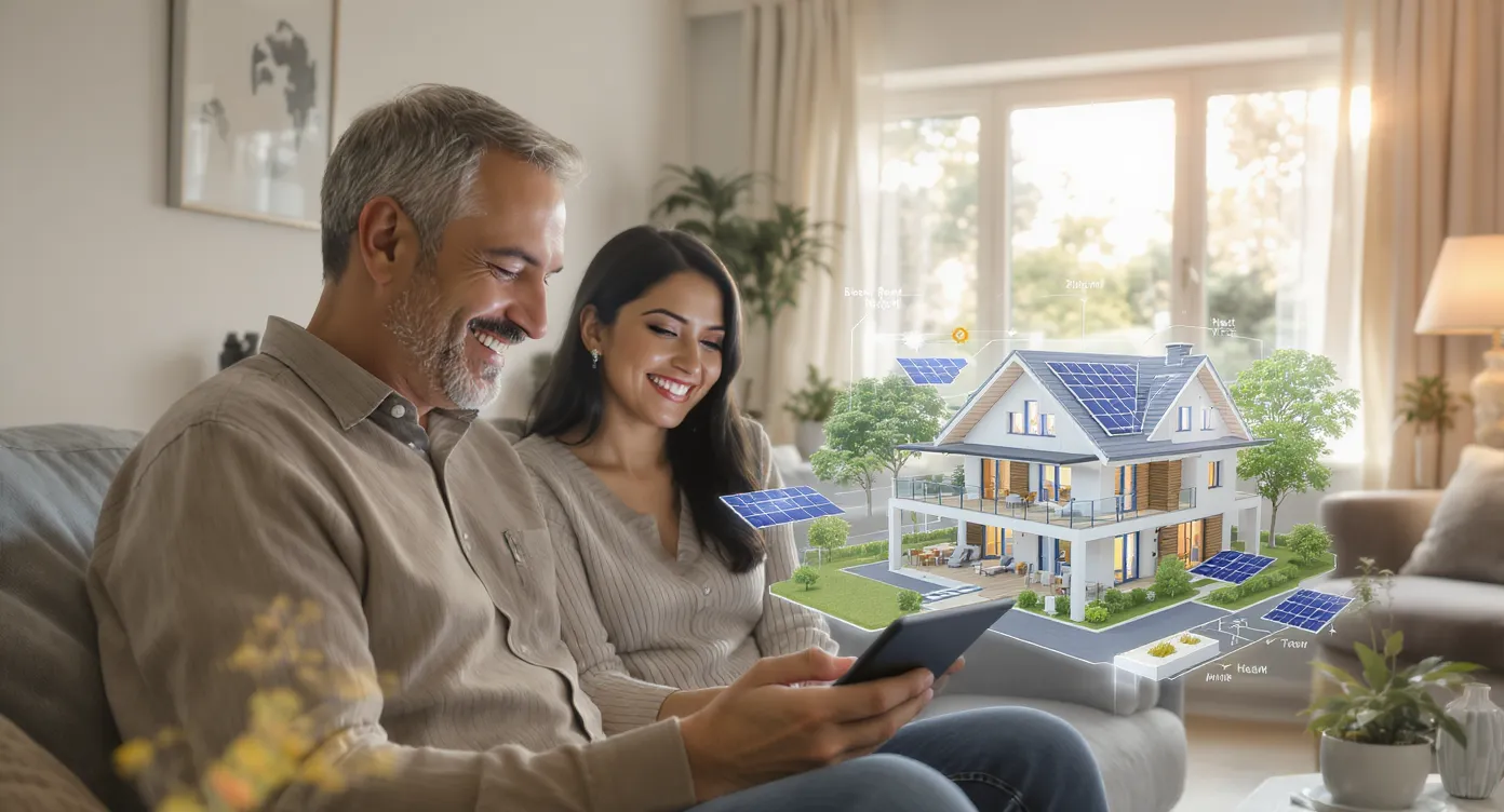 Commercial utilisant une tablette sur laquelle on voit la maquette 3D d'une maison avec panneaux solaires et pompe à chaleur, entouré d'un couple souriant dans leur salon lumineux.