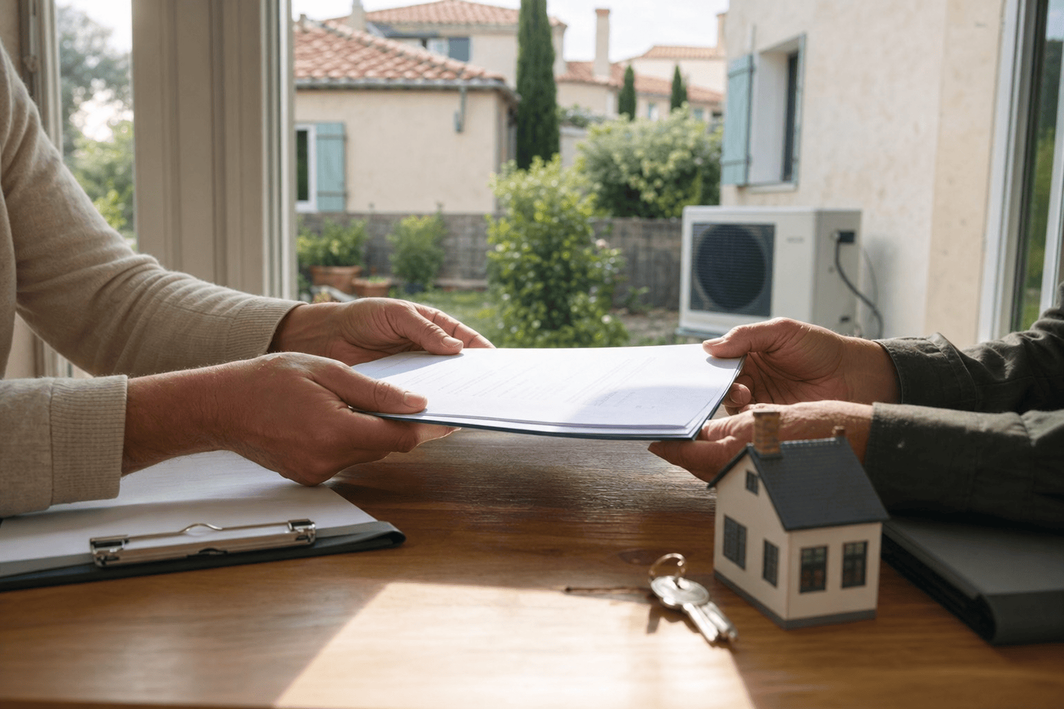 Commercial présentant les aides financières 2025 pour pompe à chaleur à un couple de clients dans leur salon avec documents et calculatrice