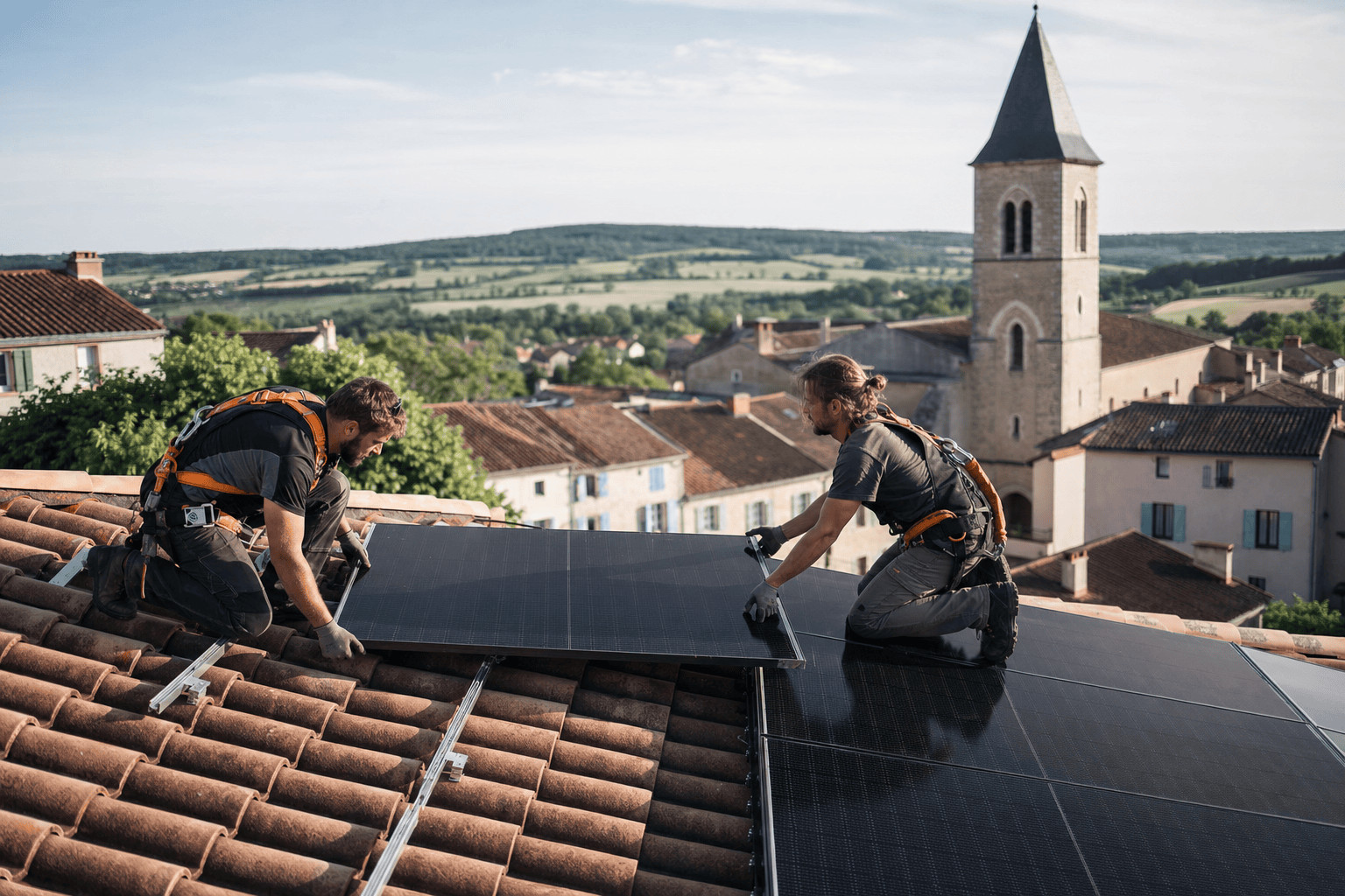Technicien posant des panneaux solaires sur une toiture tuile, avec vue panoramique sur un village français et un ciel d'été lumineux