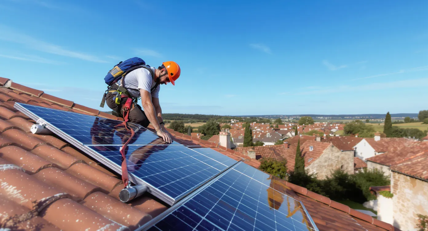 Technicien posant des panneaux solaires sur une toiture tuile, avec vue panoramique sur un village français et un ciel d'été lumineux.