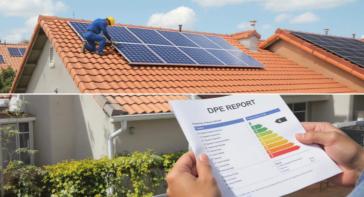 Technicien installe des panneaux solaires sur le toit d'une maison en tuile, tandis qu'un propriétaire examine un rapport DPE coloré indiquant la classe G à améliorer.