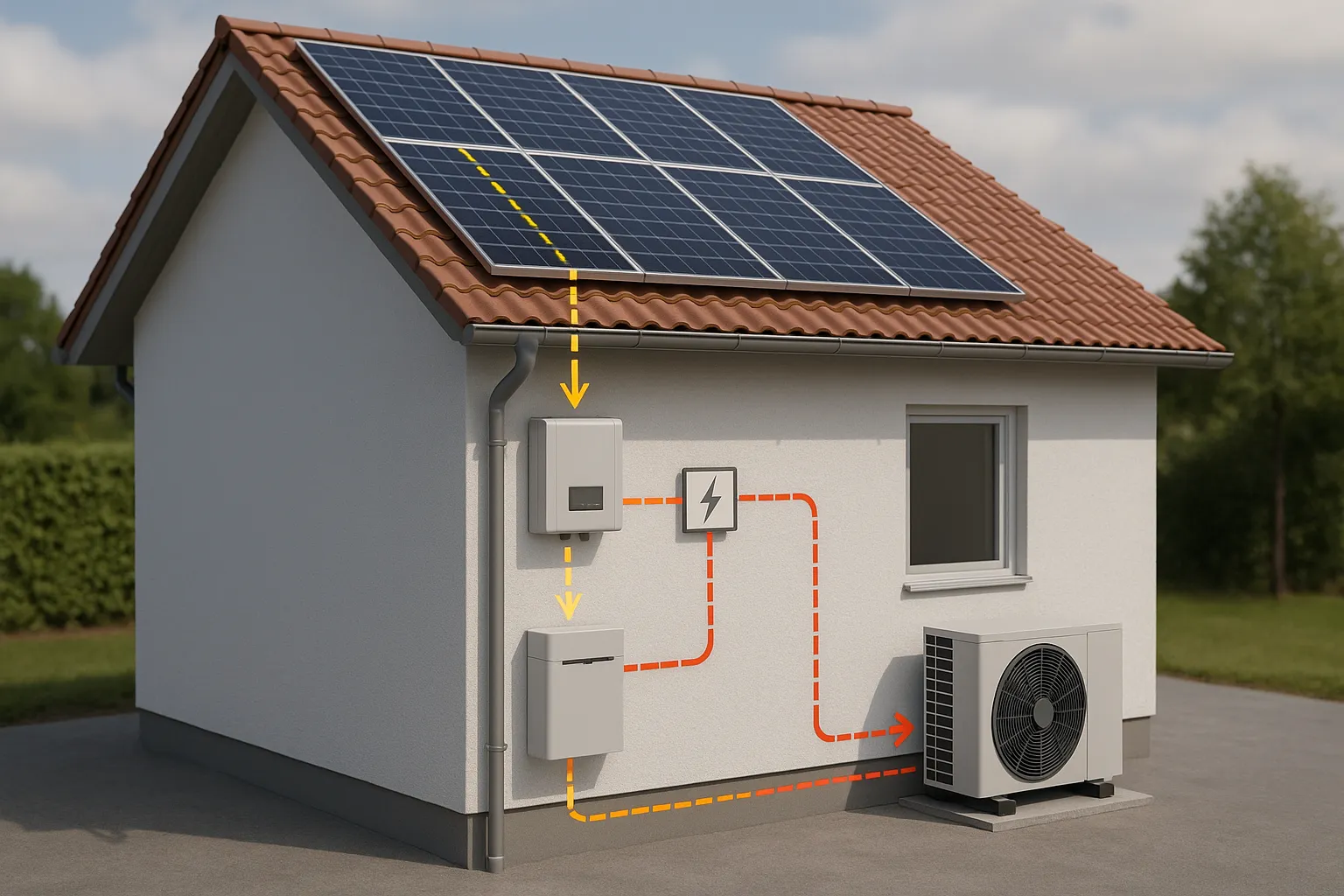 Représentation en 3D d'un système photovoltaïque sur toiture couplé à une pompe à chaleur avec flux énergétiques illustrés