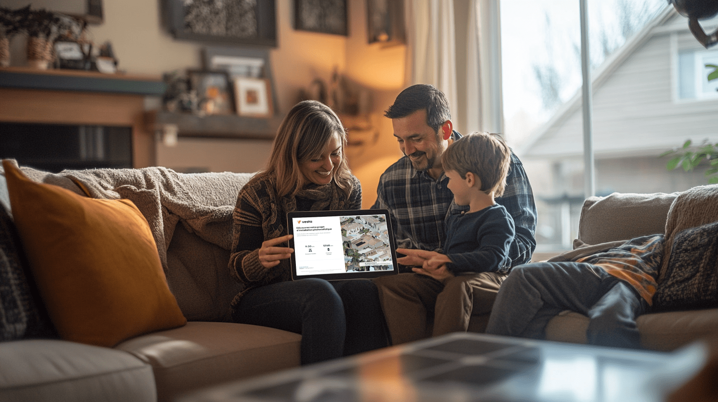 Une famille composée d'un couple et de leur jeune enfant est assise confortablement sur un canapé dans leur salon. Ils regardent ensemble une tablette affichant ce qui semble être une proposition photovoltaïque personnalisée, avec une image aérienne de maisons équipées de panneaux solaires visible à l'écran. L'ambiance est chaleureuse et détendue, suggérant une discussion positive autour d'un projet d'installation solaire pour leur domicile.