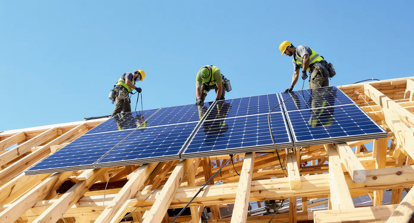 Équipe de trois installateurs posant des modules photovoltaïques sur une charpente bois, avec harnais et ligne de vie apparente, sous un ciel clair.