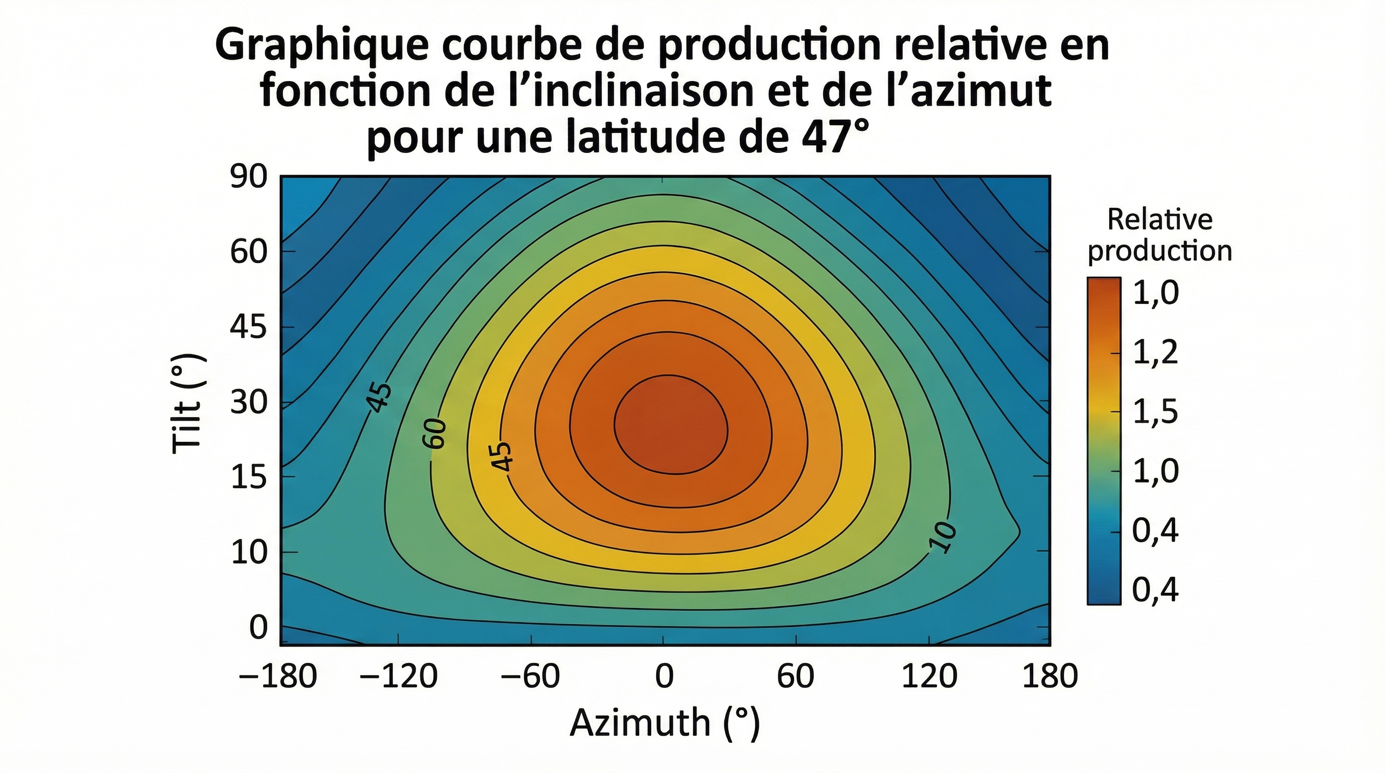 Graphique courbe de production relative en fonction de l'inclinaison et de l'azimut pour une latitude de 47 °, montrant un plateau de performance autour du sud et d'un tilt de 35 °