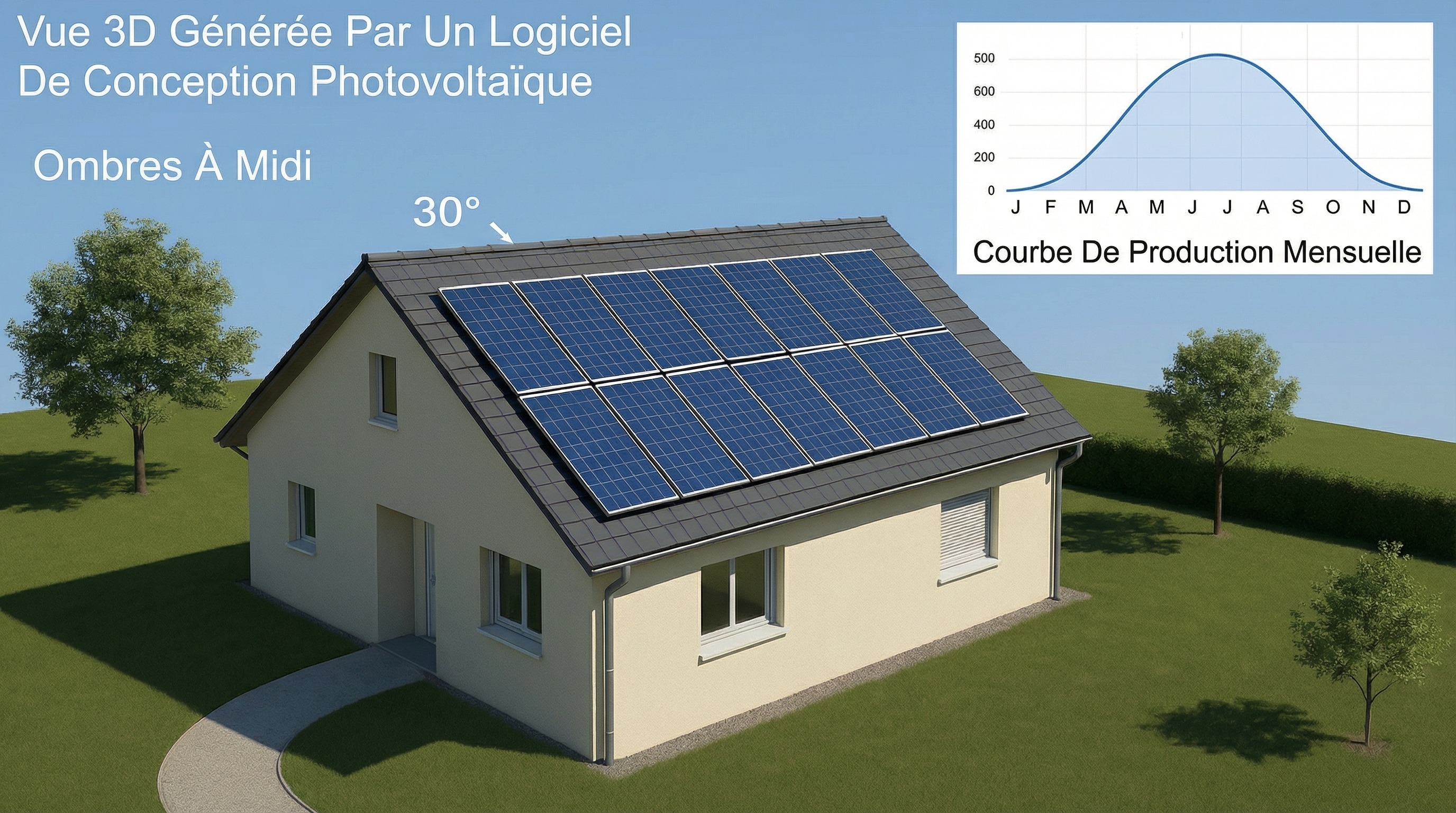 Vue 3D générée par un logiciel de conception photovoltaïque montrant un pavillon avec modules inclinés à 30°, calepinage, ombres à midi et courbe de production mensuelle