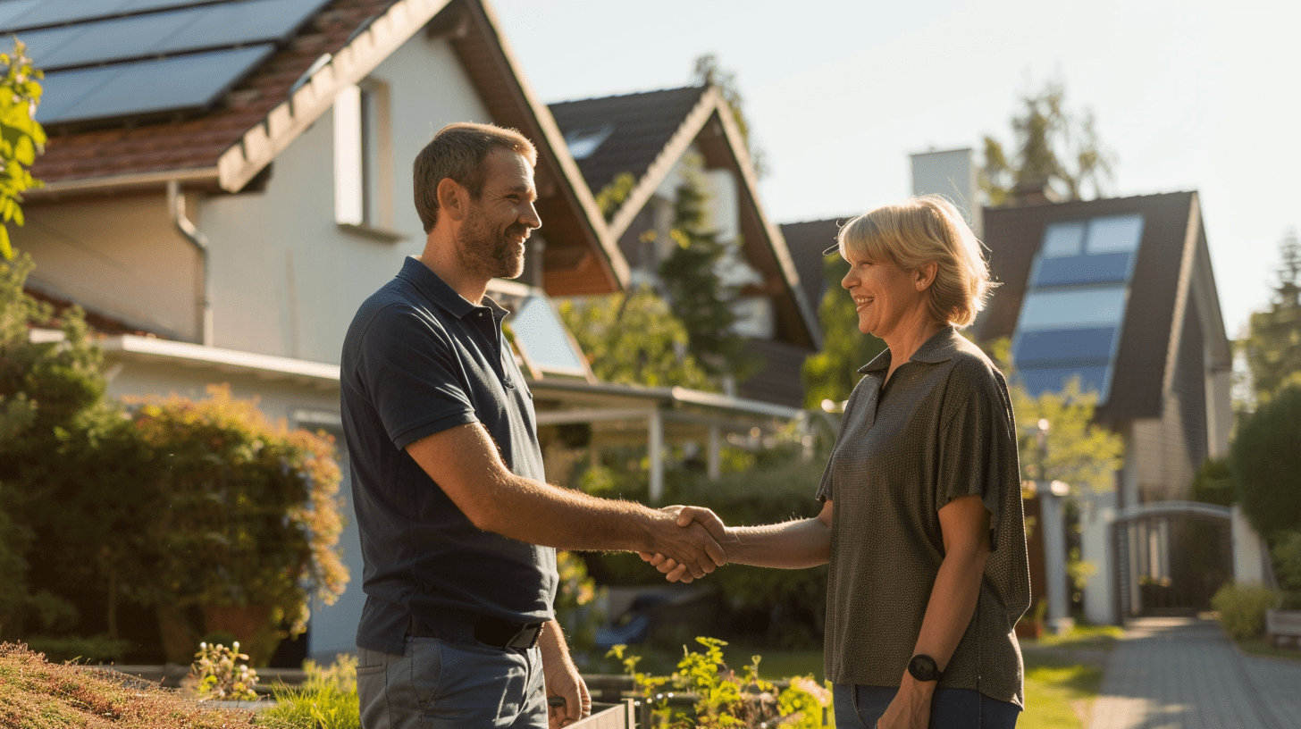 Poignée de main professionnelle entre installateur et cliente, symbolisant la confiance dans le secteur photovoltaïque