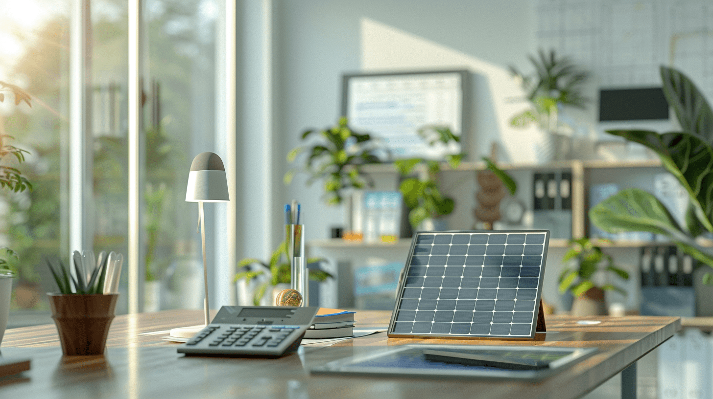 Espace de travail avec calculatrice et panneau solaire, illustrant la comparaison des devis photovoltaïques