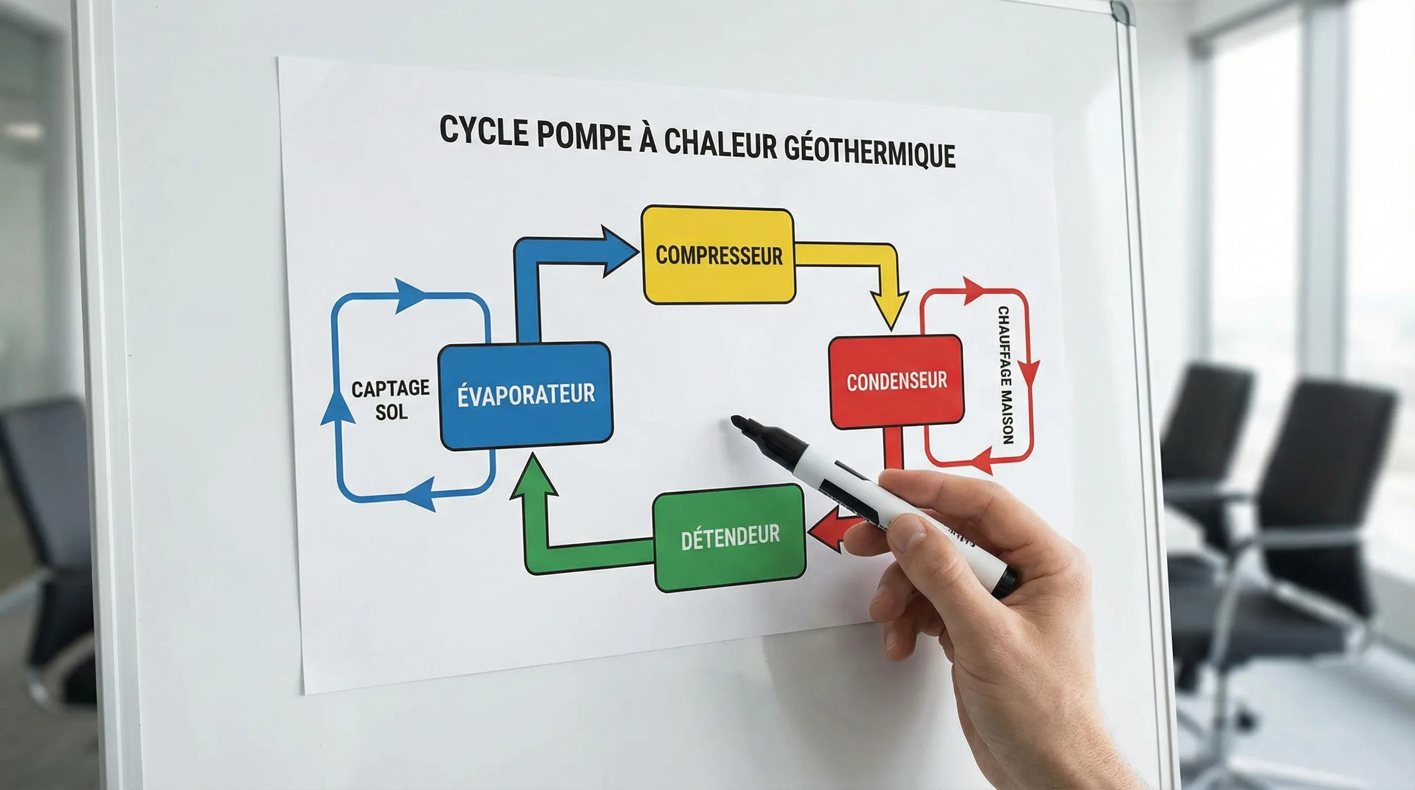 Schéma simple du cycle d'une pompe à chaleur géothermique avec 4 blocs clairement identifiés (évaporateur, compresseur, condenseur, détendeur) et deux circuits distincts (captage sol et chauffage maison) avec flèches de circulation.