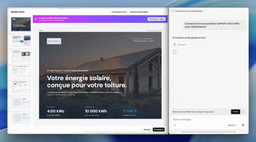 Agent IA qui édite une proposition commerciale Vesta en direct dans l'éditeur