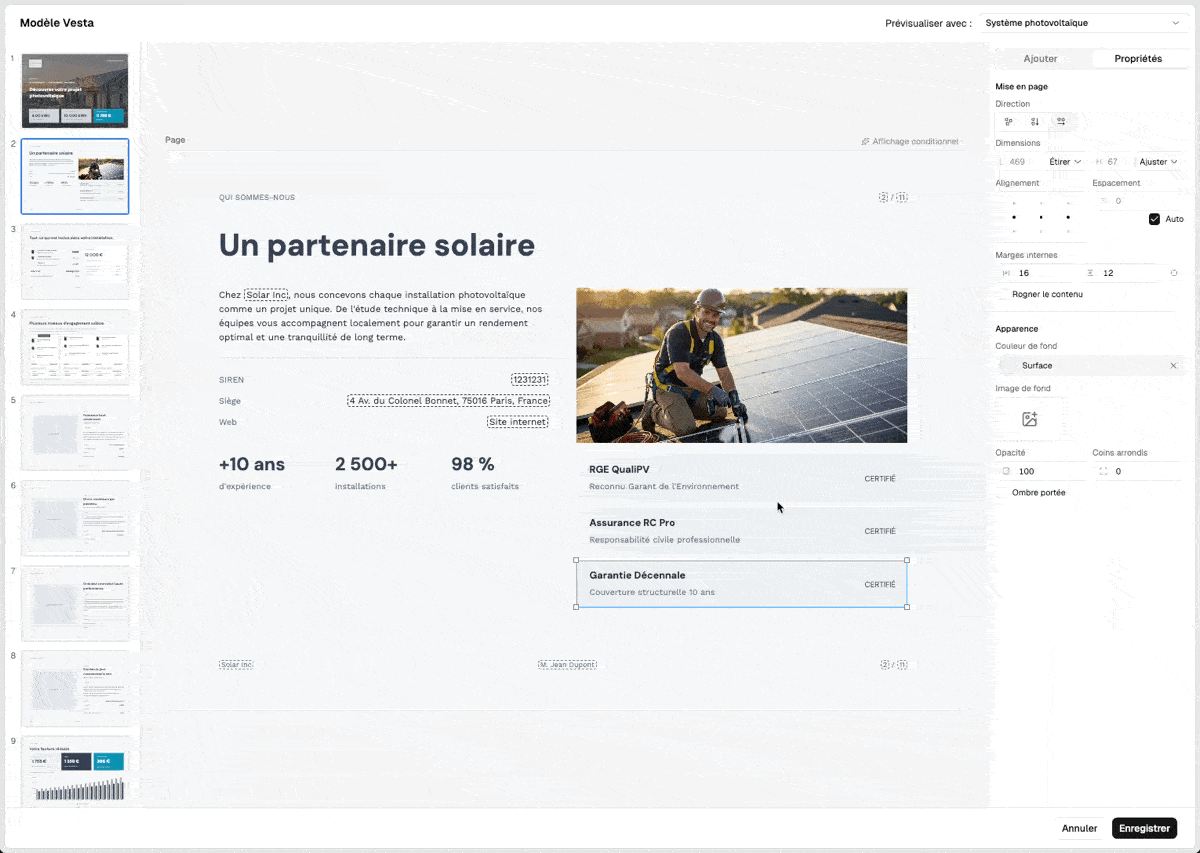 Édition directe d'un bloc dans l'éditeur de proposition commerciale Vesta