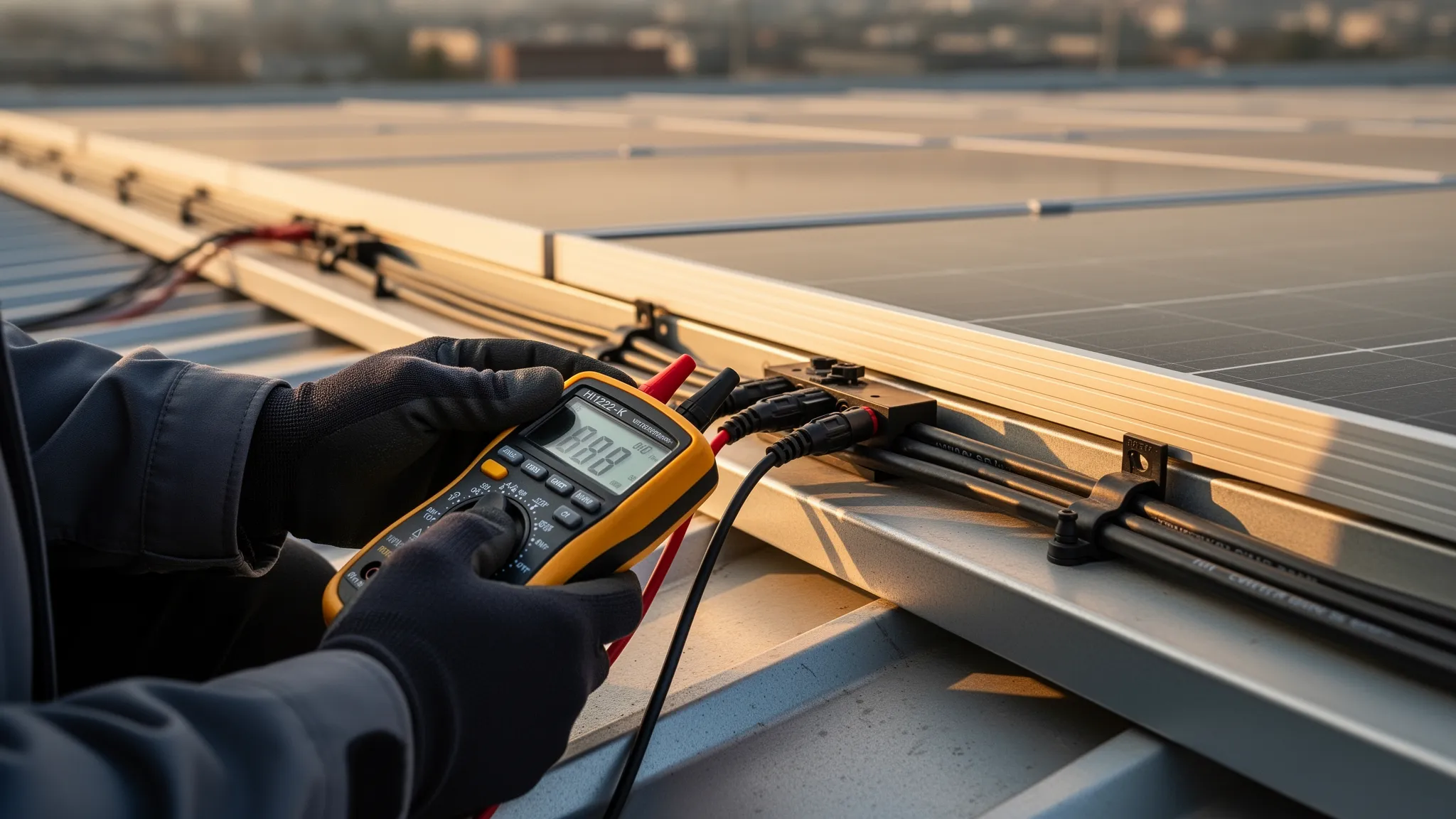 Gros plan d'un technicien sur toiture mesurant la polarité d'une chaîne avec un multimètre, sondes sur connecteurs MC4, soleil rasant, câbles H1Z2Z2‑K fixés proprement sur le châssis du module.
