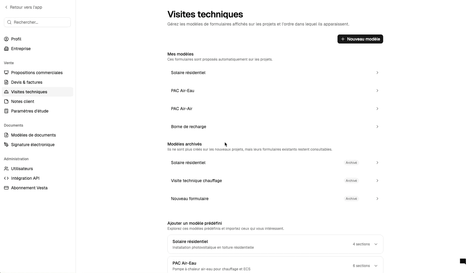 Configuration des templates de visite technique dans Vesta