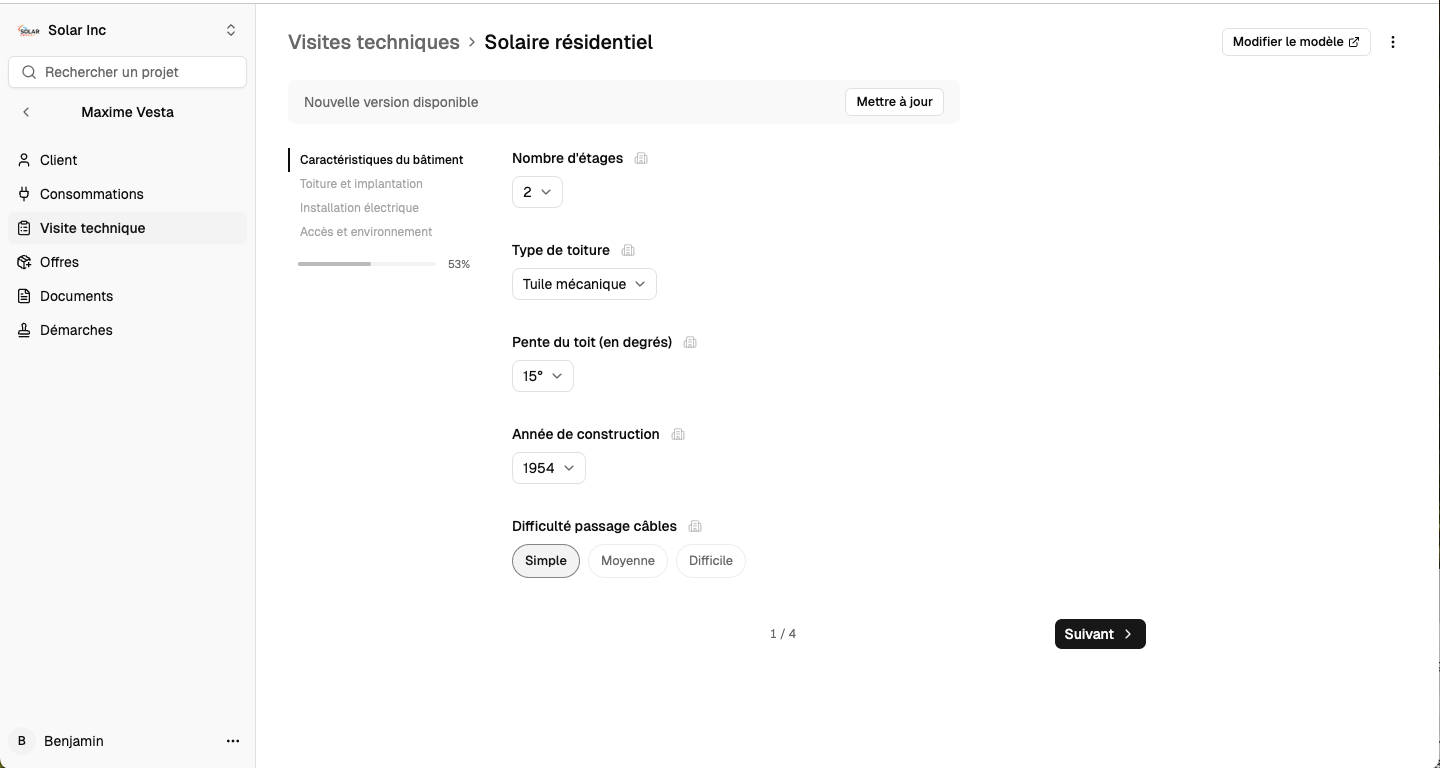 Formulaire de visite technique solaire résidentiel dans Vesta